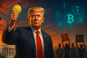 Donald Trump hält einen Bitcoin vor dem Weißen Haus, dramatische Farben und Symbolik verbinden Politik und Kryptowährungen im Wahlkampf 2024.