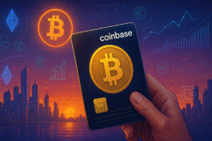 Fotorealistische Darstellung einer Coinbase-Kreditkarte mit Bitcoin-Logo in der Hand eines Nutzers vor futuristischer Stadt bei Sonnenuntergang – symbolisiert den Alltagseinsatz von Bitcoin und Kryptowährungen.
