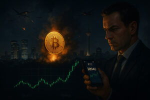 Dramatische Darstellung von Bitcoin als stabiler Wert inmitten geopolitischer Krisen, mit Skyline von Tel Aviv und Teheran, Drohnen und einem leuchtenden Bitcoin im Zentrum.