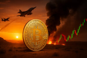 Fotorealistisches Bild mit Bitcoin-Münze vor militärischem Hintergrund und Kurschart, symbolisiert Bitcoin-Reaktion auf geopolitische Krisen.