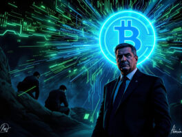 Dramatische Darstellung von Paraguays Präsident vor einer glühenden Bitcoin-Münze, umgeben von dunklen Hacker-Silhouetten, symbolisch für den Cyberangriff.