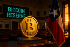 Fotorealistisches Bild des texanischen Kapitols mit Bitcoin-Münze im Vordergrund und texanischer Flagge – symbolisiert staatliche Bitcoin-Reserve.