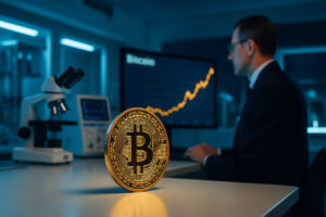 Fotorealistisches Bild einer Bitcoin-Münze in einem medizinischen Hightech-Labor mit dramatischer Beleuchtung und starken Farben – symbolisiert die Verschmelzung von Krypto und Gesundheitsbranche.
