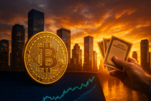Fotorealistisches Bild mit Bitcoin-Münze, Finanzcharts und Skyline – symbolisiert den Trend großer Unternehmen, in Bitcoin zu investieren.