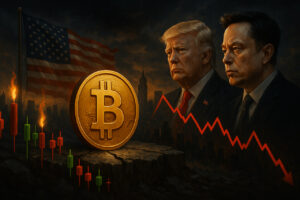 Fotorealistische Darstellung von Bitcoin auf instabilem Untergrund, umgeben von politischen Symbolen und fallenden Kursindikatoren – dramatische Lichtstimmung in starken Farben.
