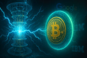 Futuristisches Bild eines Bitcoin, der durch ein digitales Schutzschild gegen einen glühenden Quantencomputer verteidigt wird – mit Symbolen von Google und IBM im Hintergrund.