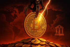 Fotorealistisches Bild von MicroStrategy, das mit einem Greifarm einen riesigen Bitcoin an sich zieht – Symbol für Konzentration und Risiken für den Krypto-Markt.