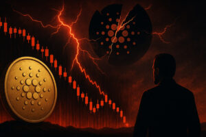 Dramatisches Cardano ADA Kursbild mit fallendem Chart, Blitzen und Hoskinson-Silhouette in fotorealistischem Stil.