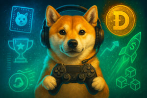 Fotorealistisches dramatisches Bild eines Dogecoin Shiba‑Inu mit Gaming‑Controller und Blockchain‑Symbolen. Starke Farben in Blau und Grün vermitteln technologische Spannung und Gemeinschaft.