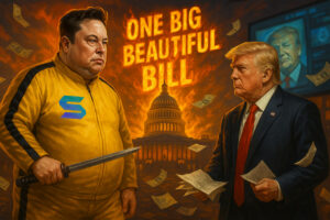 Satirisch-dramatische Darstellung von Elon Musk und Donald Trump im Kampf um ein politisches Gesetz, mit Krypto- und Meme-Elementen im Stil von Kill Bill.