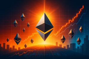 Fotorealistisches Bild eines glänzenden Ethereum-Logos vor einem digitalen Finanzhintergrund mit steigenden Charts und Validator-Symbolen