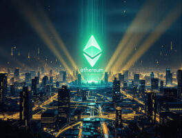 Ethereum als leuchtendes Hologramm über digitaler Stadt bei Nacht, symbolisiert technologische Stärke und Wachstum des Netzwerks