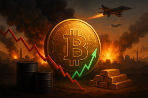Bitcoin bleibt stabil trotz Nahost-Krieg: dramatische Szene mit Bitcoin Symbol, Explosionen, Öl und Gold als Kontrast.