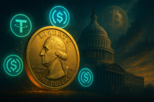 Fotorealistisches Bild eines US-Dollars mit Stablecoins und dem US-Kapitol im Hintergrund – Krypto Symbolbild für die Rolle von Stablecoins in der amerikanischen Finanzpolitik.