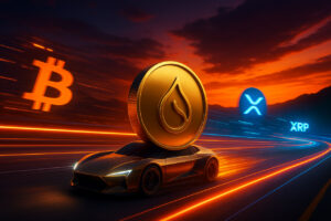 Fotorealistisches Bild einer futuristischen Rennstrecke bei Sonnenuntergang, auf der ein glänzender SUI-Token wie ein Rennwagen an Bitcoin und XRP vorbeizieht. Die Blockchain-Logos sind mit Lichtspuren hinterlegt. Die Szene ist dramatisch, kontrastreich und farbintensiv mit leuchtenden Neon-Elementen.