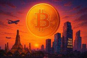 Fotorealistische Szene der Skyline von Bangkok mit schwebender Bitcoin-Münze bei Sonnenuntergang – symbolisiert Thailands steuerfreie Krypto-Zukunft.