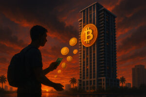 Fotorealistisches Bild eines Hochhauses mit Bitcoin-Symbol, dramatischer Himmel, symbolisiert Immobilien und Kryptowährungen im Umbruch.