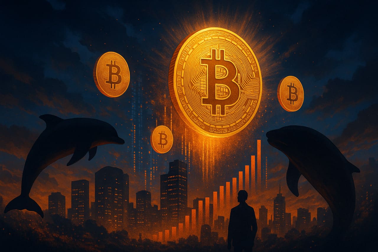 Bild mit Bitcoin-Münzen, Marktanalyse-Symbolen und dramatischem Licht, das die Stärke großer Anleger im Kryptomarkt 2025 symbolisiert.