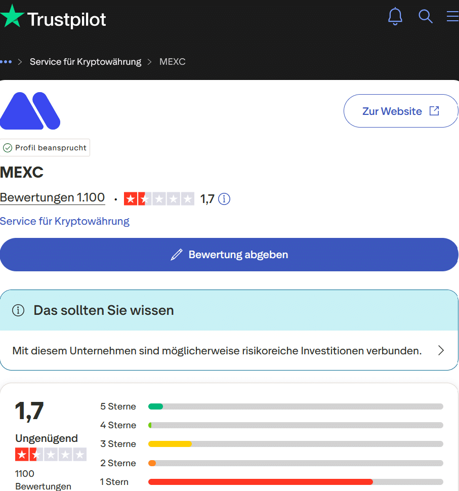 MEXC Trustpilot Score