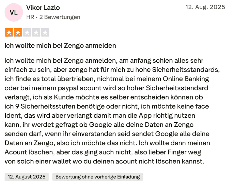 Zengo Wallet negative Bewertung