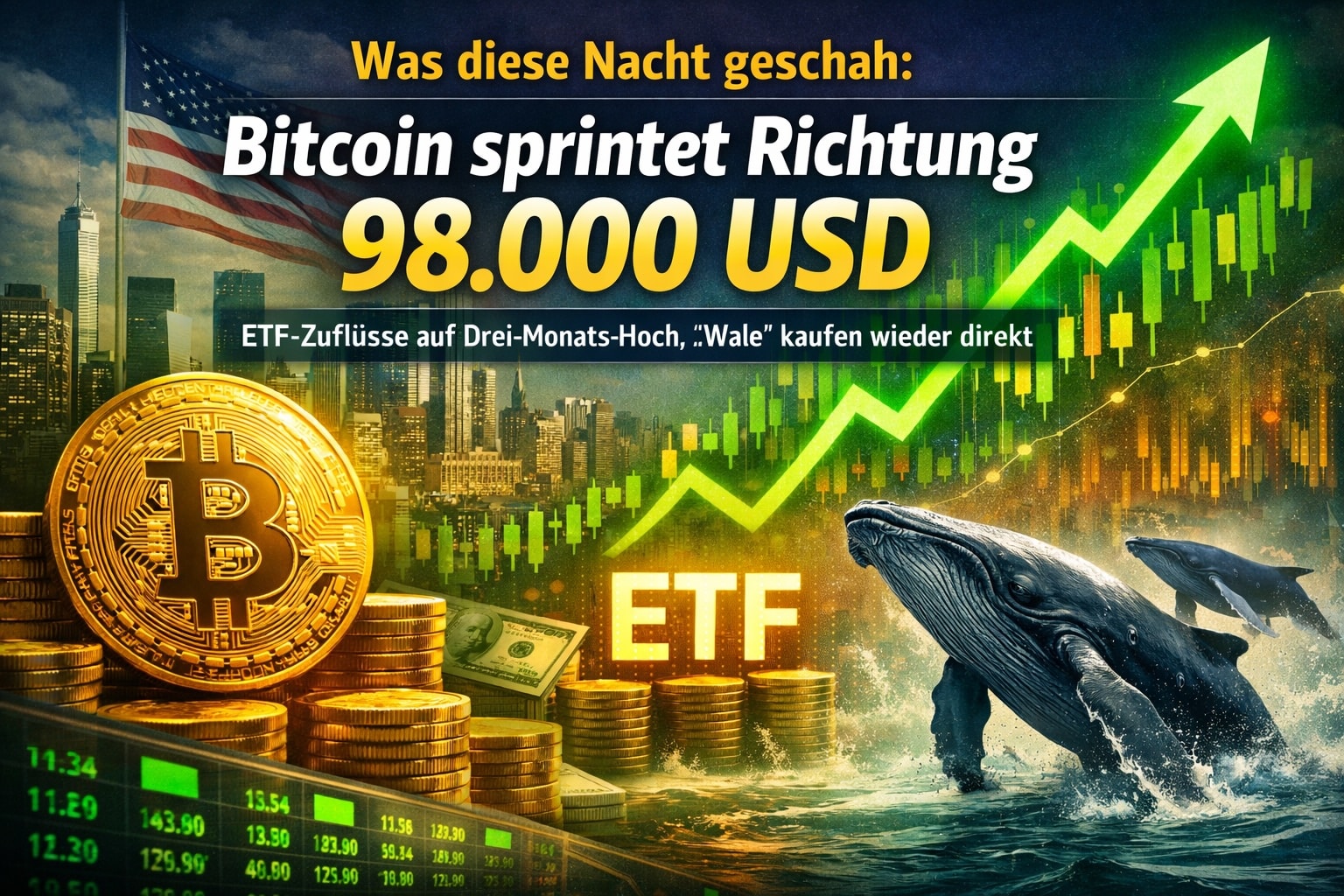 Was diese Nacht geschah: Bitcoin sprintet Richtung 98.000 USD – ETF-Zuflüsse auf Drei-Monats-Hoch, „Wale“ kaufen wieder direkt