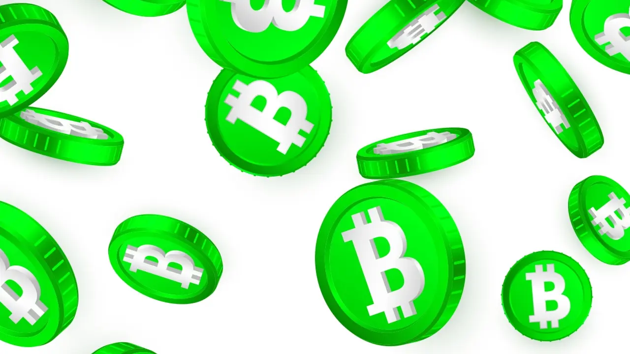 Floating green Bitcoin coins with white symbols on a white background.