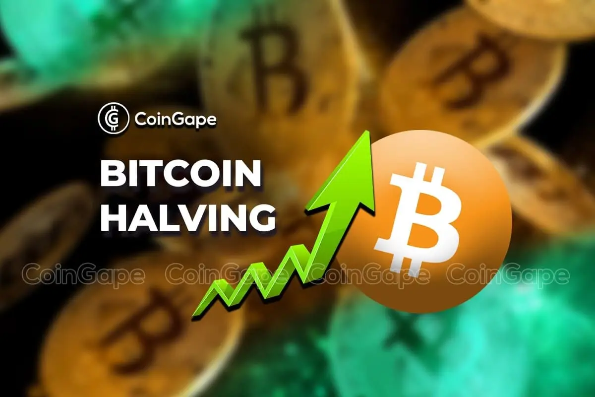 Graphic showing Bitcoin halving with Bitcoin logo and an upward arrow.
