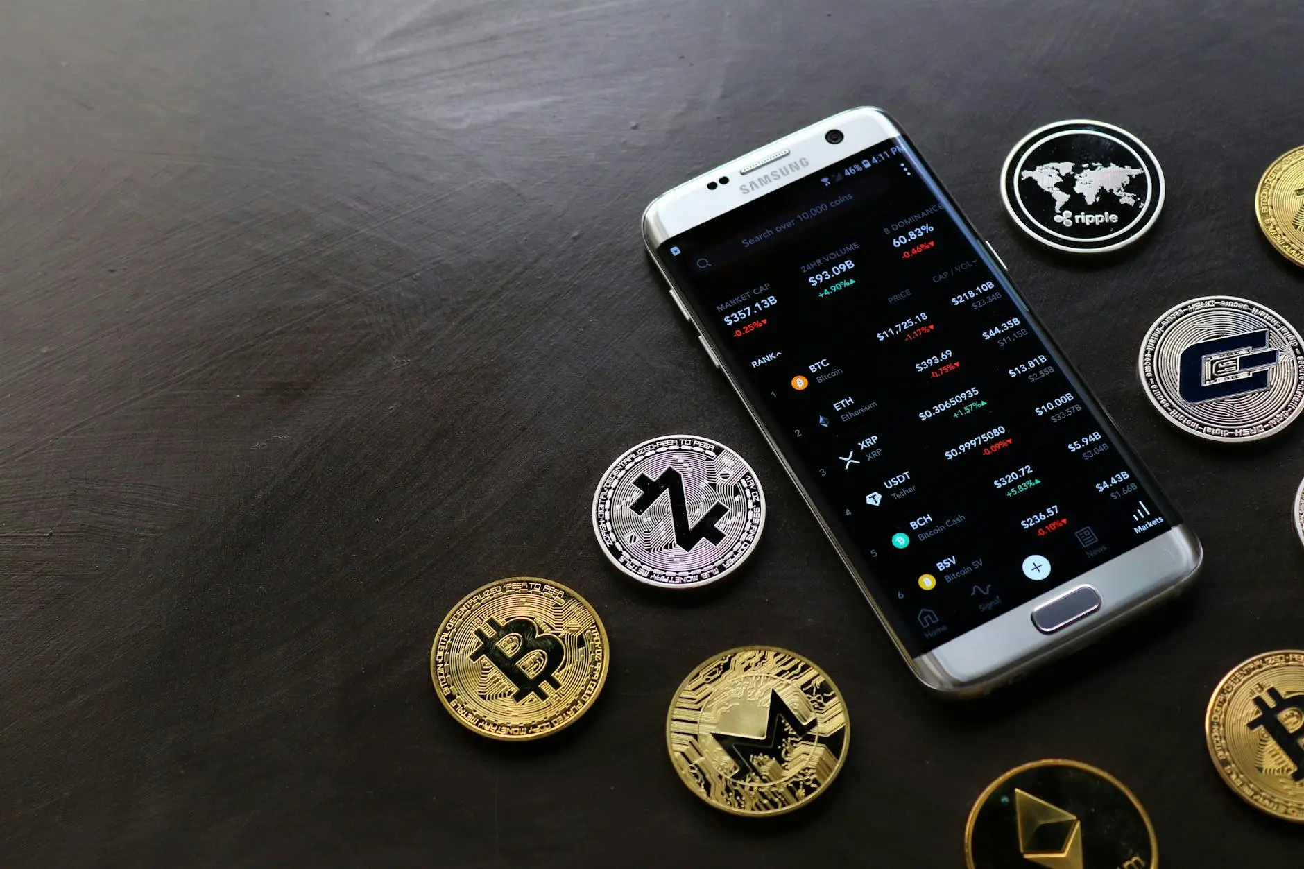 Three gold Bitcoin coins placed on a page about cryptocurrency investment.