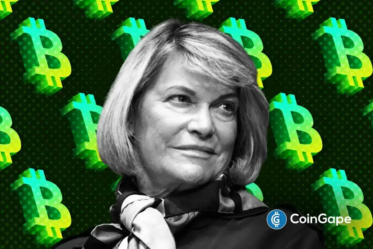 Portrait of a woman with light hair, scarf, overlaid with green Bitcoin symbols.