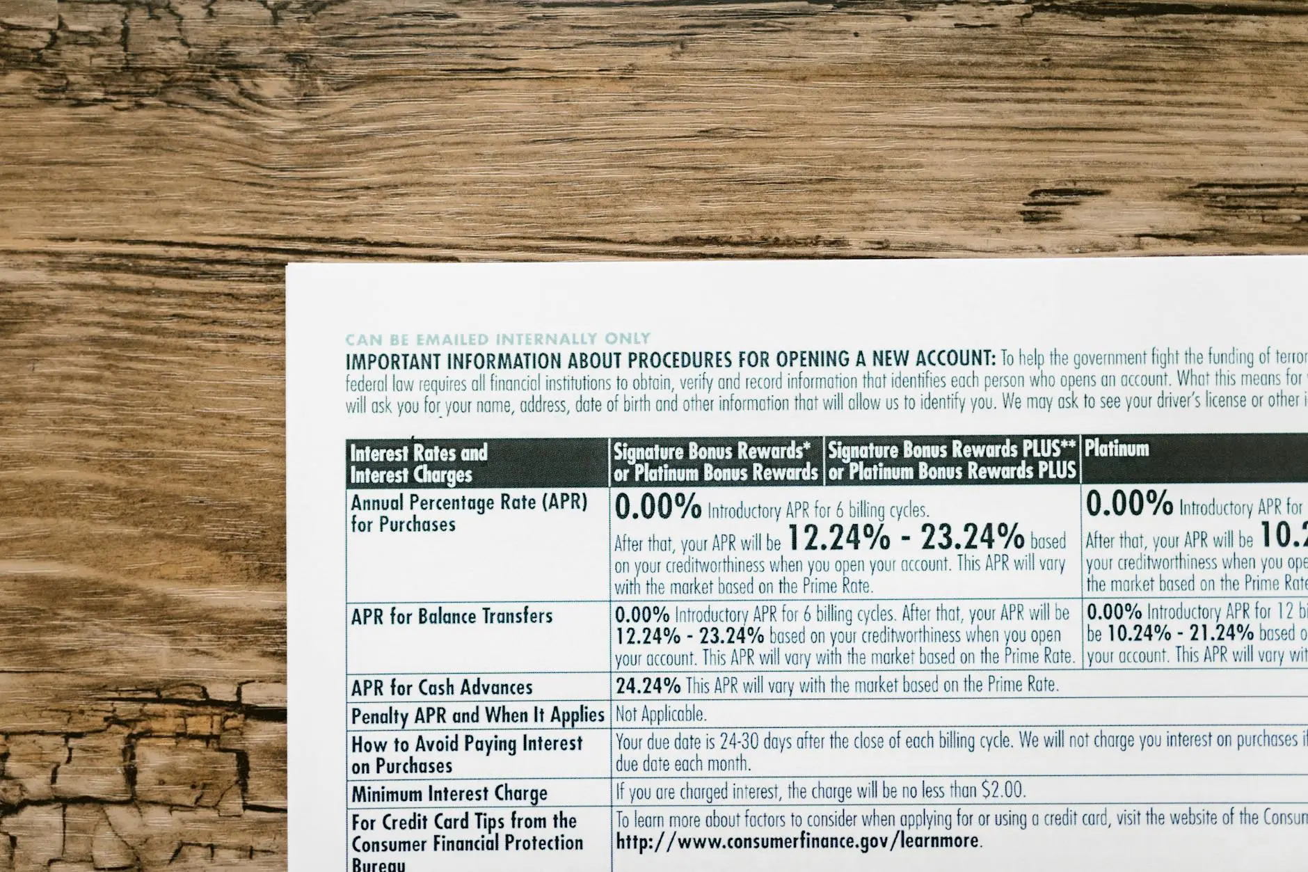 Credit card information sheet detailing interest rates and terms.
