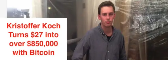 Young man standing in a room with plastic coverings, with a text overlay about Bitcoin profits.