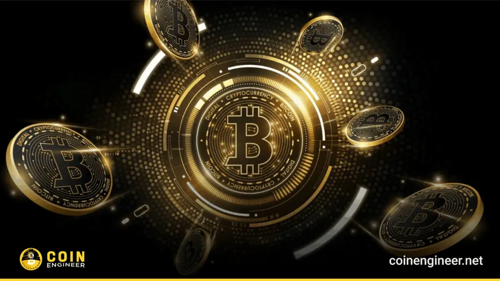 Various Bitcoin coins with a glowing Bitcoin symbol on a dark background.