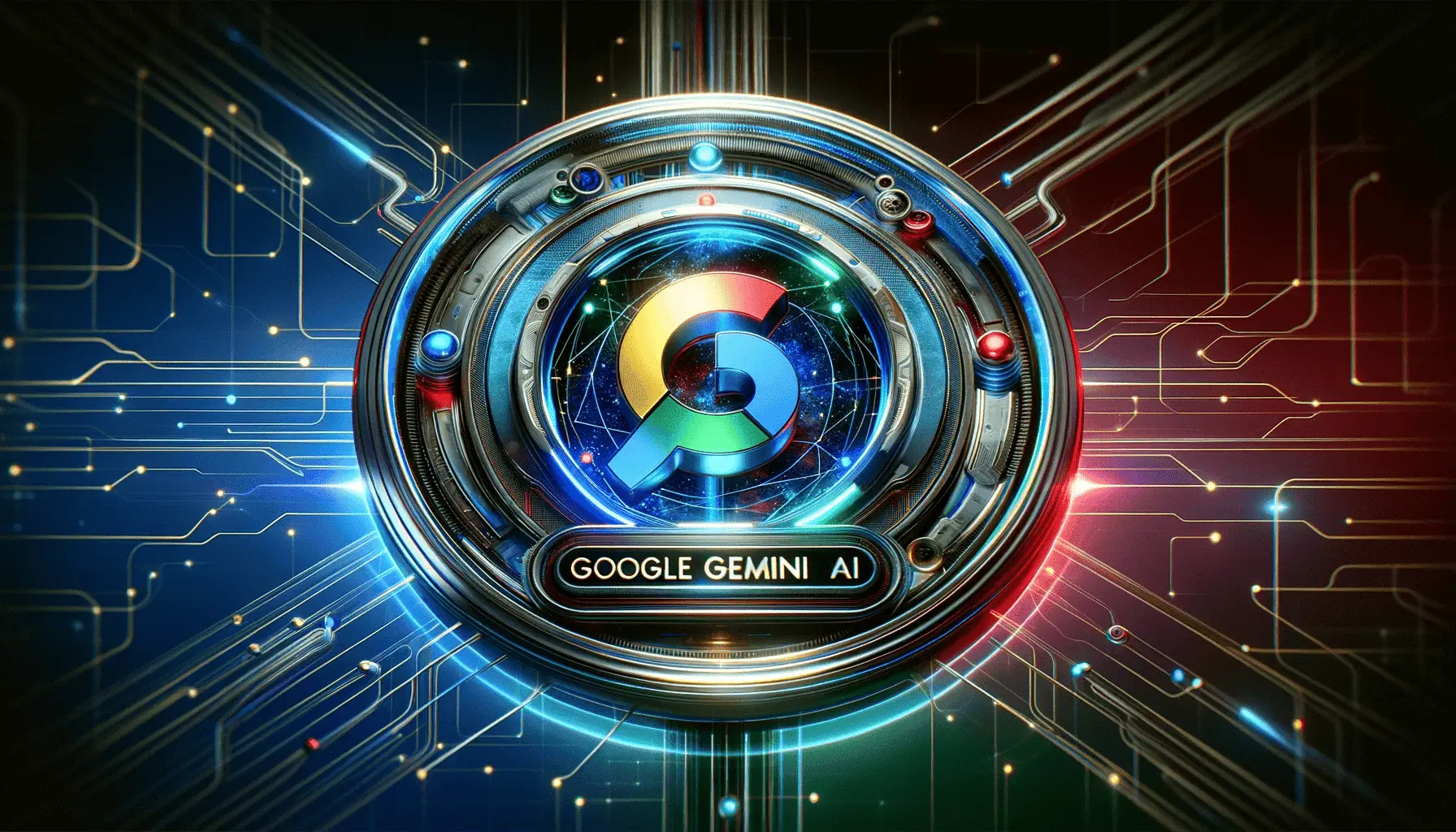 Circular metallic logo with colorful Google Gemini AI emblem and circuit patterns.
