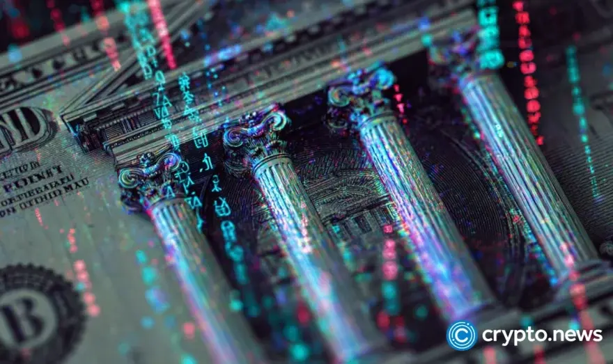 Abstract depiction of U.S. currency with digital elements and pillars in the background.