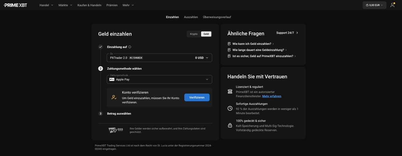 PrimeXBT Einzahlung