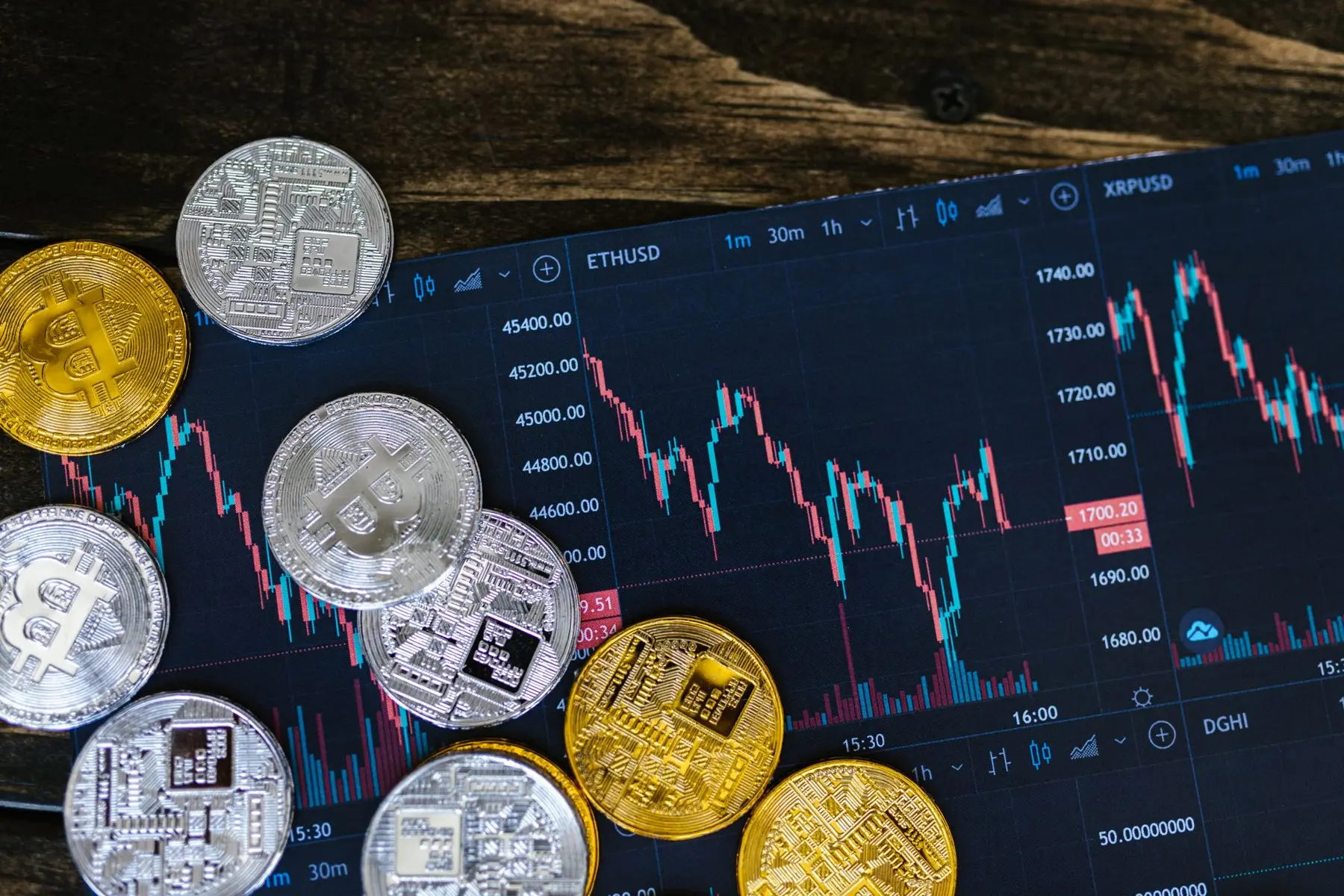 Physical Bitcoin coins resting on a digital cryptocurrency trading chart with candlestick patterns