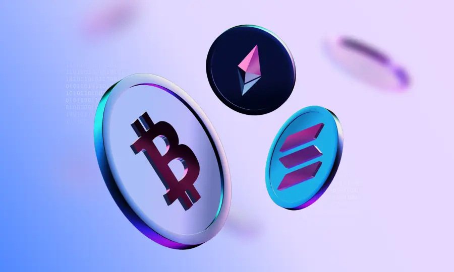 3D rendered coins featuring the Bitcoin, Ethereum, and Solana logos in a futuristic purple and blue style