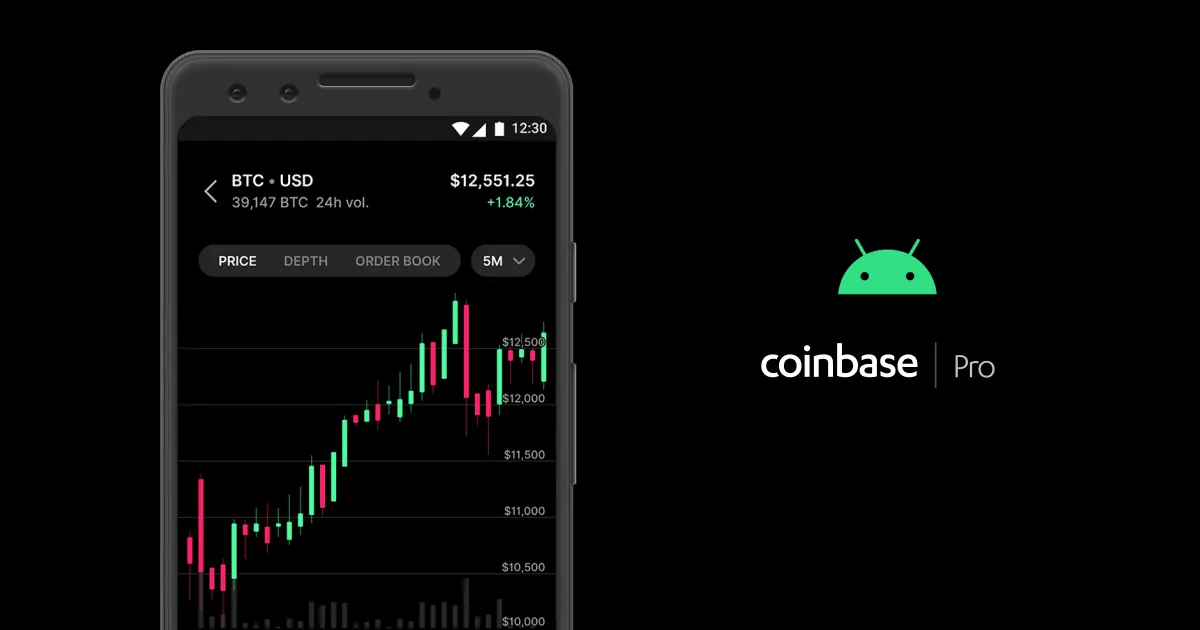 Coinbase Pro app interface showing Bitcoin trading chart on smartphone.