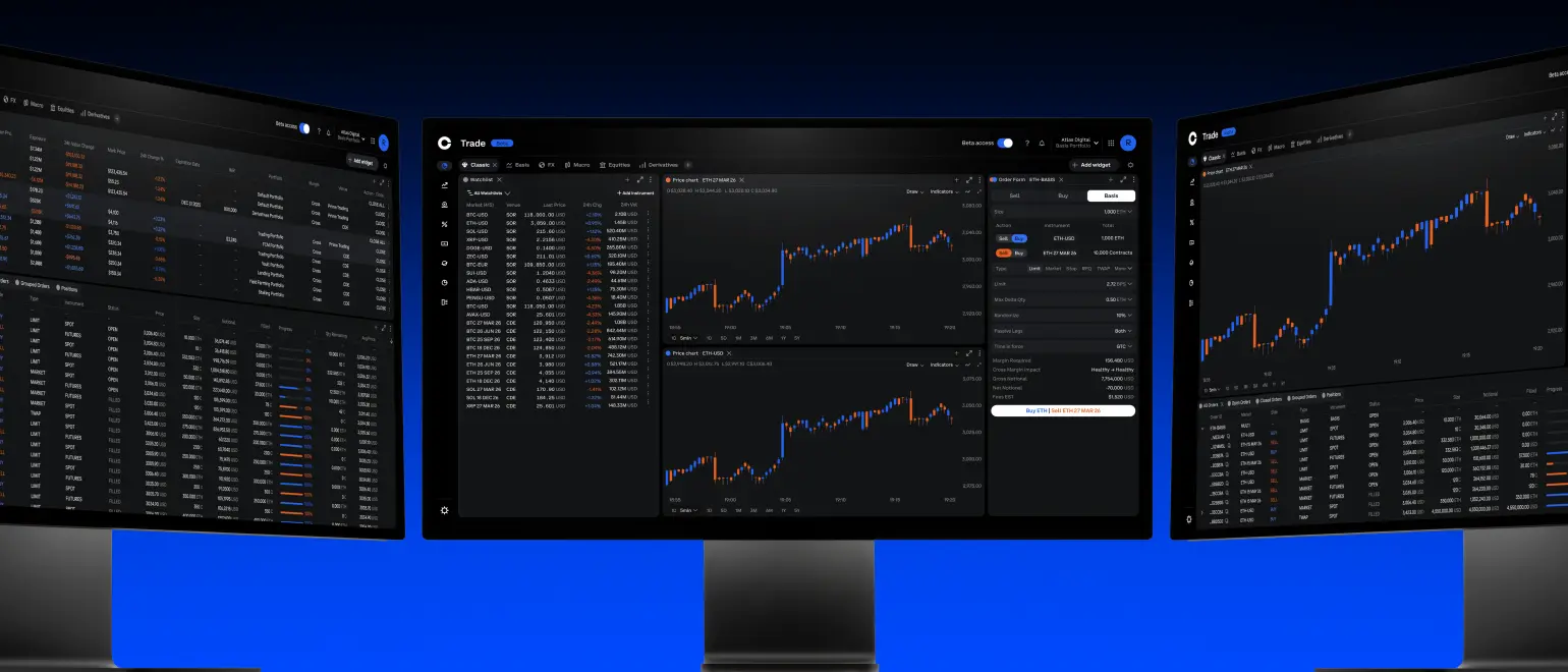 Three computer monitors displaying a professional cryptocurrency trading platform with candle charts and order books.