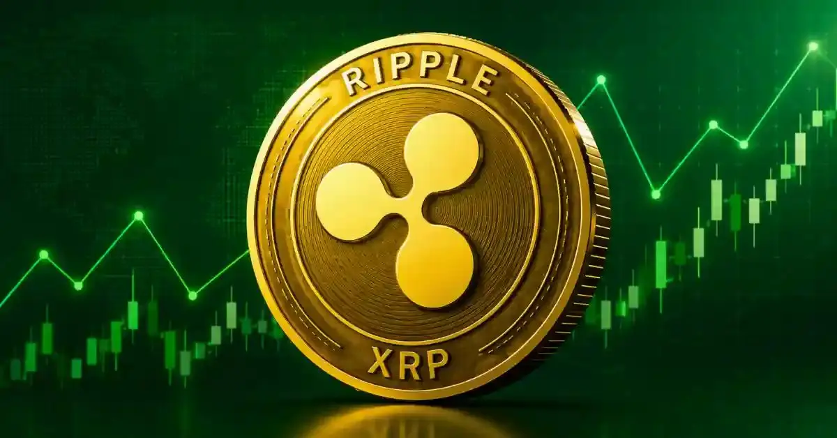 A gold Ripple XRP coin centered against a green background with a rising financial candlestick chart.