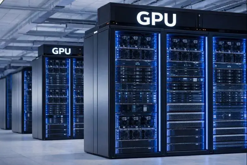 Rows of high-density GPU server racks in a modern datacenter with blue LED lighting and GPU labels
