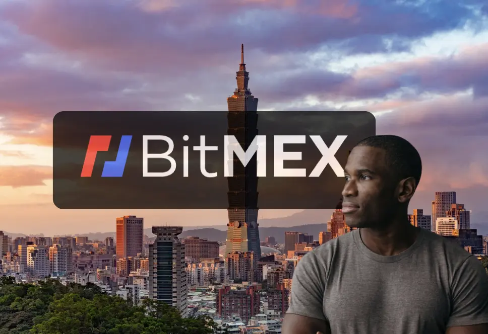 A composite image featuring the BitMEX logo over a Taipei city skyline with a man in a grey t-shirt in the foreground.
