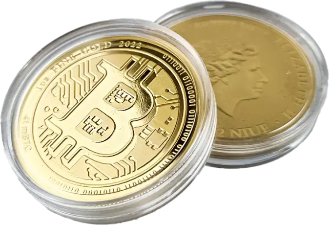 Two physical gold Bitcoin coins in protective plastic capsules on a white background