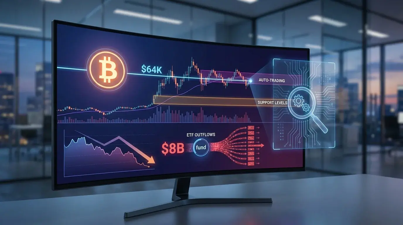 A curved computer monitor displaying Bitcoin price charts, ETF outflows, and trading analytics in a modern office.