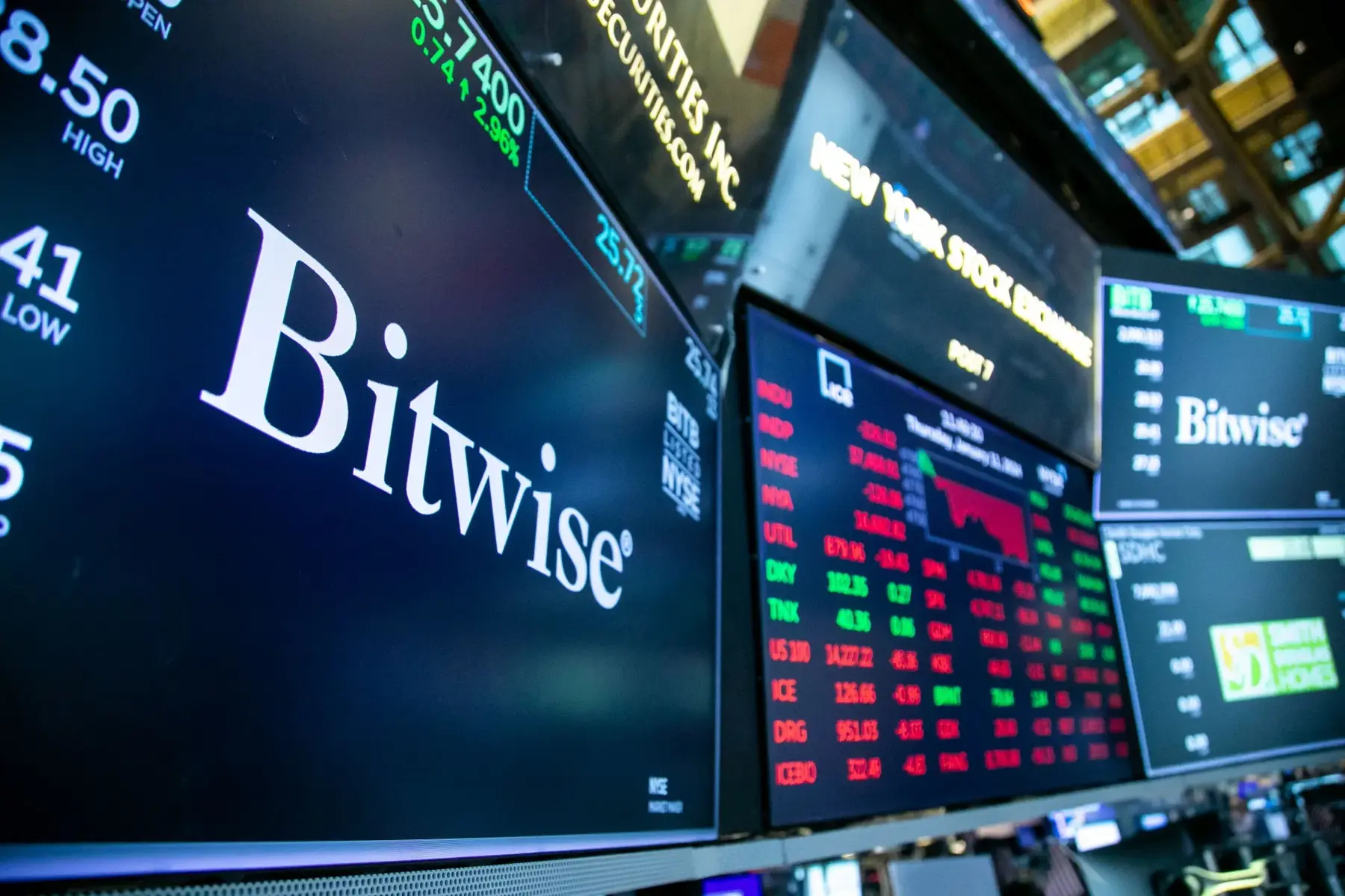 Close-up of Bitwise logo and stock tickers on displays at the New York Stock Exchange