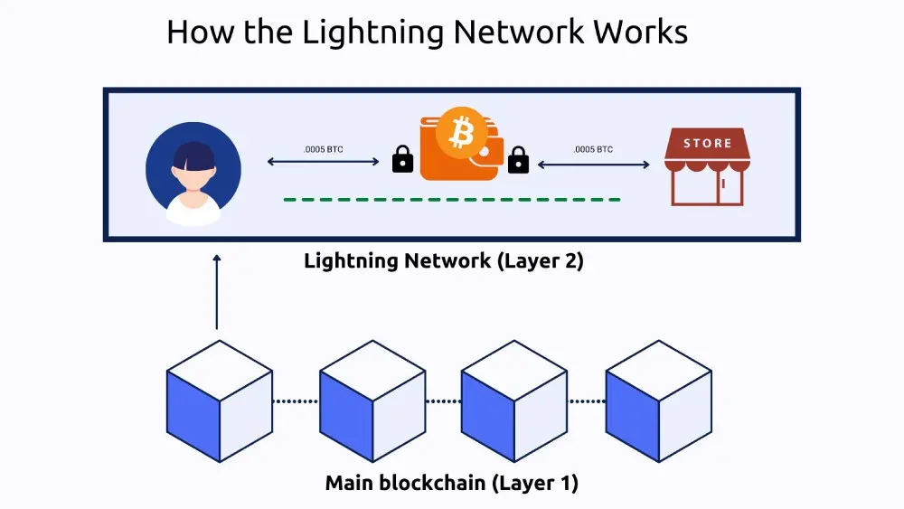 Diagram showing the Bitcoin Lightning Network (Layer 2) above the main blockchain (Layer 1) with a user and a store.