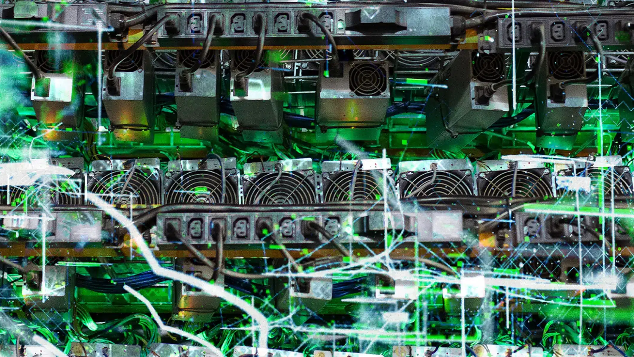 Rows of cryptocurrency mining hardware with cooling fans and complex wiring, overlaid with green digital effects.