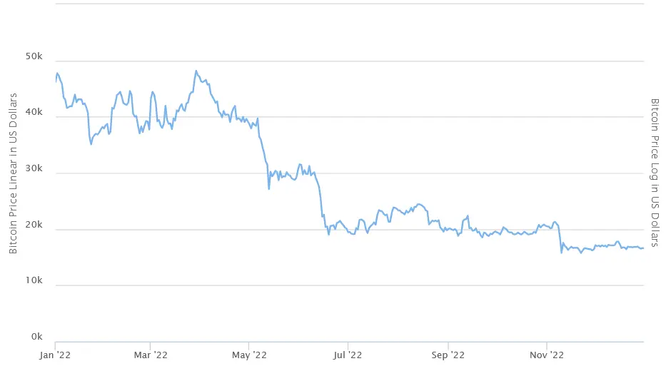 Line chart showing Bitcoin price trends in US dollars from January 2022 to November 2022