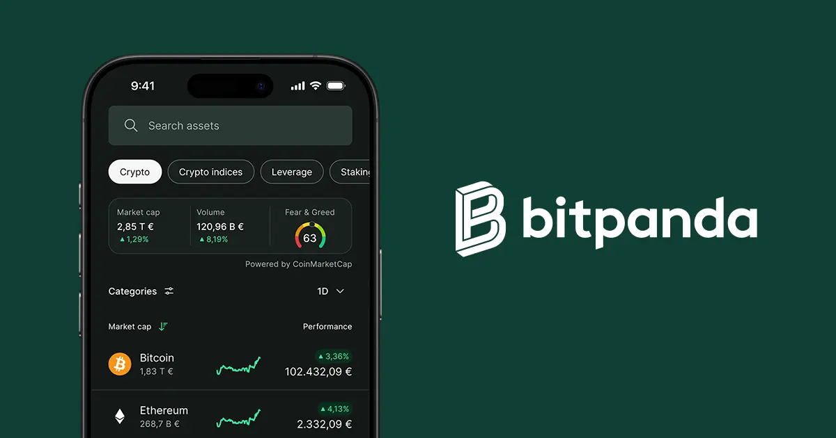 A smartphone displaying the Bitpanda app interface next to the Bitpanda brand logo on a dark green background.