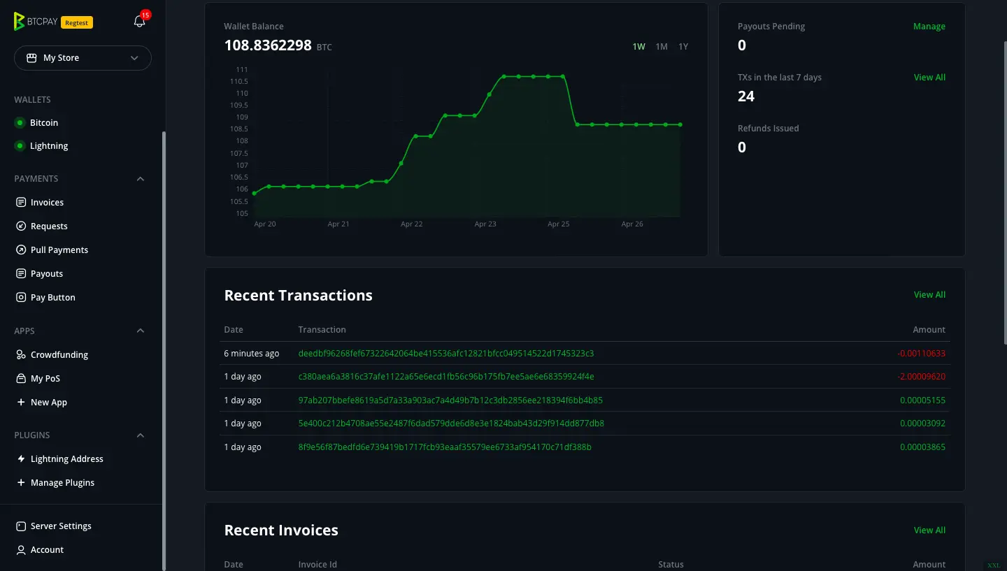 Screenshot of the BTCPay Server dashboard showing wallet balance, a price chart, and recent transactions.
